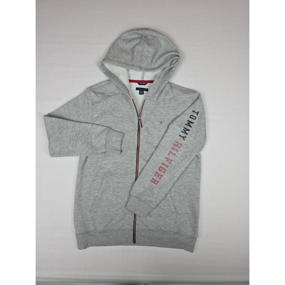 Tommy Hilfiger Full Zip Hoodie Kids Size L 14/16 Gray Logo Sleeve Cotton Blend